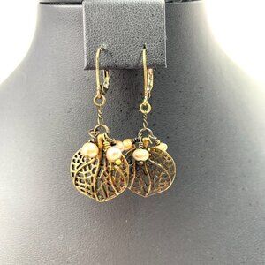 Bronze Tone Filagree Leaf Drop Earrings With Pearl Beads - 1.5"L x 1”